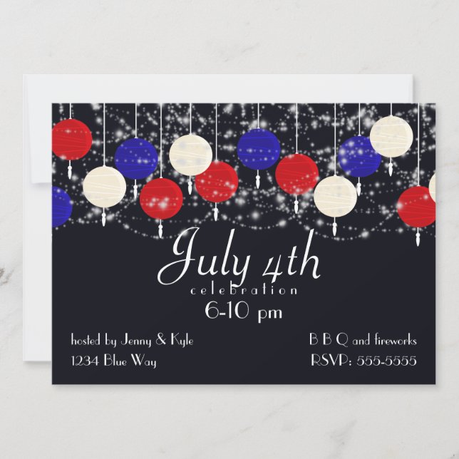 Invitation 4 juillet Rouge blanc bleu Globe Lanternes (Devant)