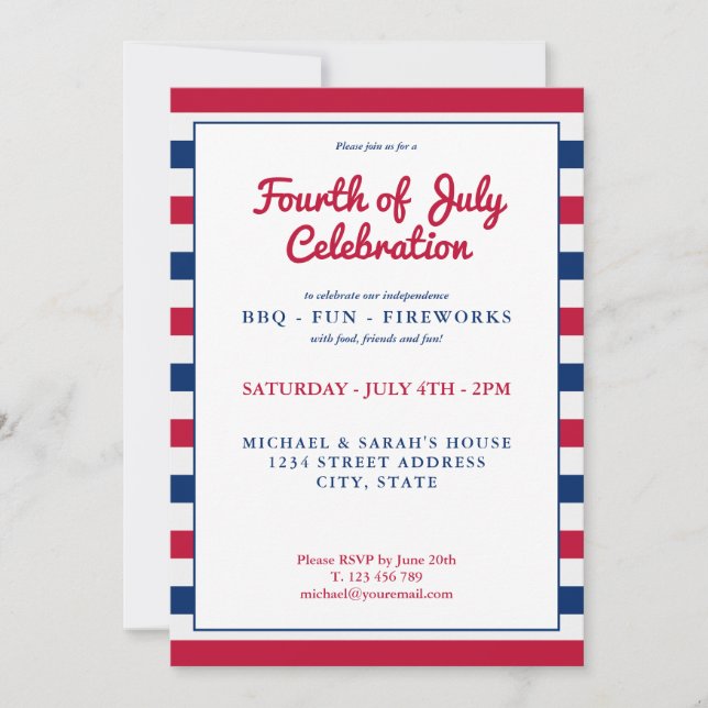 Invitation 4 juillet rouge blanc et bleu (Devant)