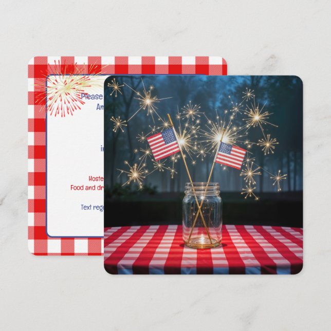 Invitation 4 juillet Sparklers et drapeaux (Devant / Derrière)