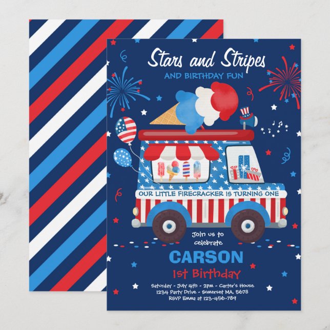 Invitation 4 juillet Stars Stripes Glace Truck Anniversaire (Devant / Derrière)