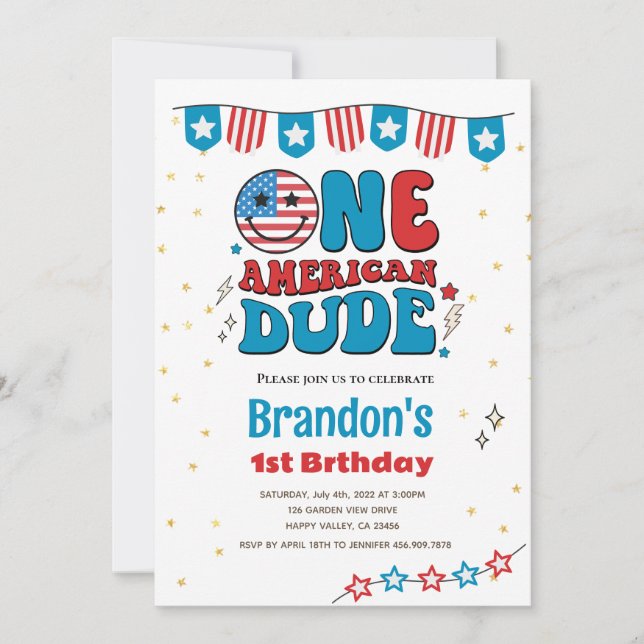 Invitation 4 juillet Un Américain Dude Boy 1er Anniversaire (Devant)