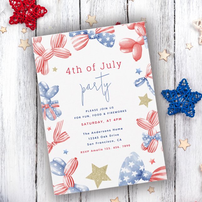 Invitation 4 juillet Watercolor mignonne Balloon Party (Créateur téléchargé)