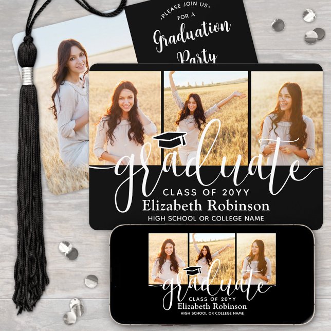 Invitation 4 Photo Black and White Script Graduation Party (Créateur téléchargé)