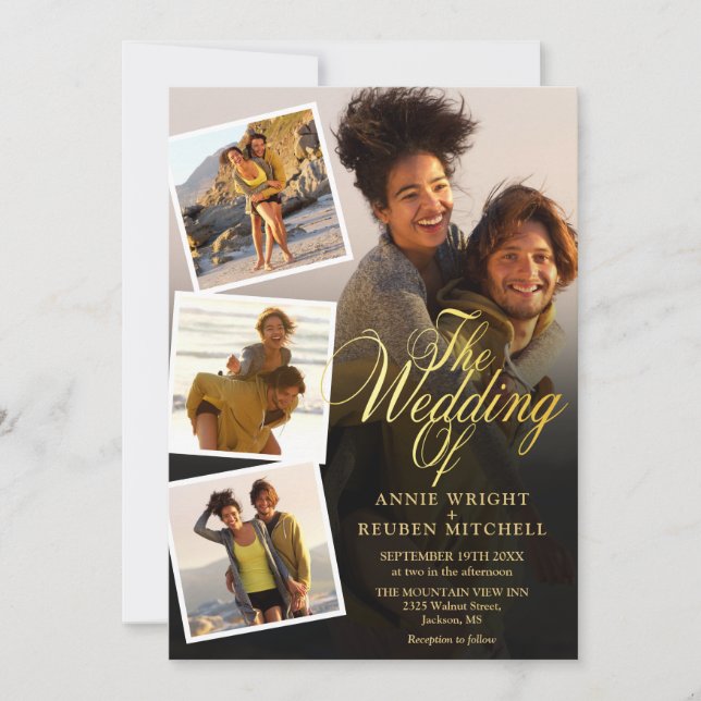 Invitation 4 Photo Collage Elegant Mariage de script or (Devant)