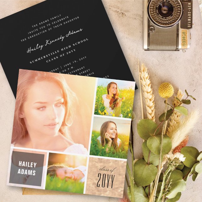 Invitation 4 Photo Collage Foil Carré Chic Graduation Party (Créateur téléchargé)