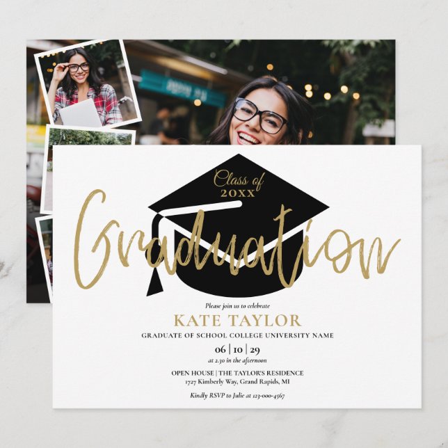Invitation 4 Photo Gold Script Graduation Party (Devant / Derrière)