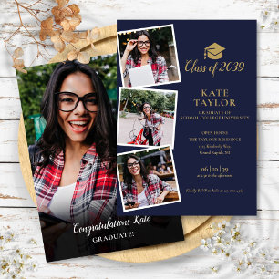 Invitation 4 Photo Marine Blue Gold Graduation Party