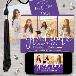 Invitation 4 Photo Purple and White Script Graduation Party