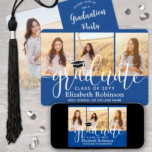 Invitation 4 Photo Royal Blue & White Script Graduation Party