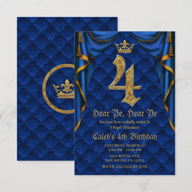 Invitation 4E 4 QUATRE Fête d'anniversaire Royal Blue Gold Cr (Devant / Derrière)