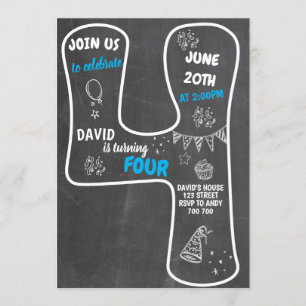 Invitation 4e anniversaire Boy Chalkboard Blue Number