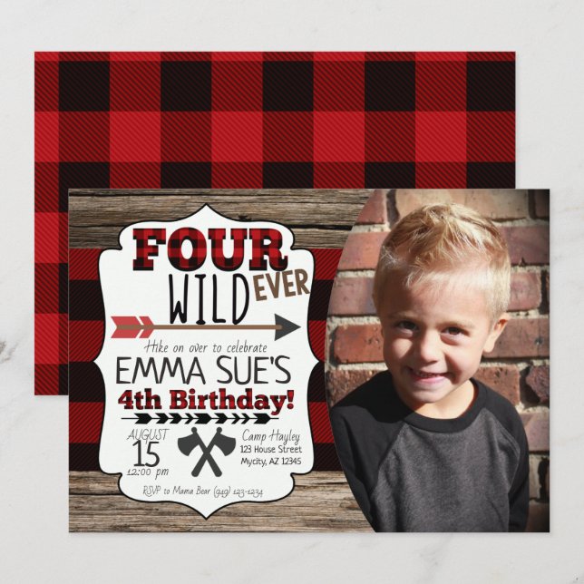 Invitation 4e anniversaire Boys Forever Wild Lumberjack Photo (Devant / Derrière)