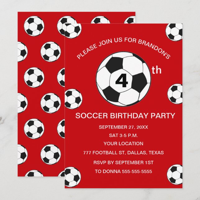 Invitation 4e anniversaire de fête Football Red Boys Sports (Devant / Derrière)