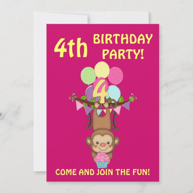 Invitation 4e anniversaire fête-singe mignon + ballons coloré (Devant)