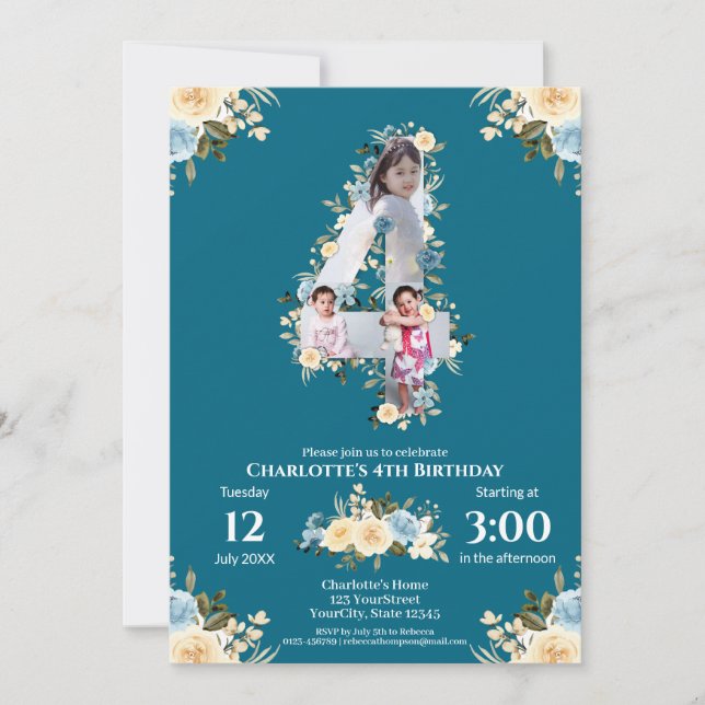 Invitation 4e anniversaire Fleur Turquoise photo Collage bleu (Devant)
