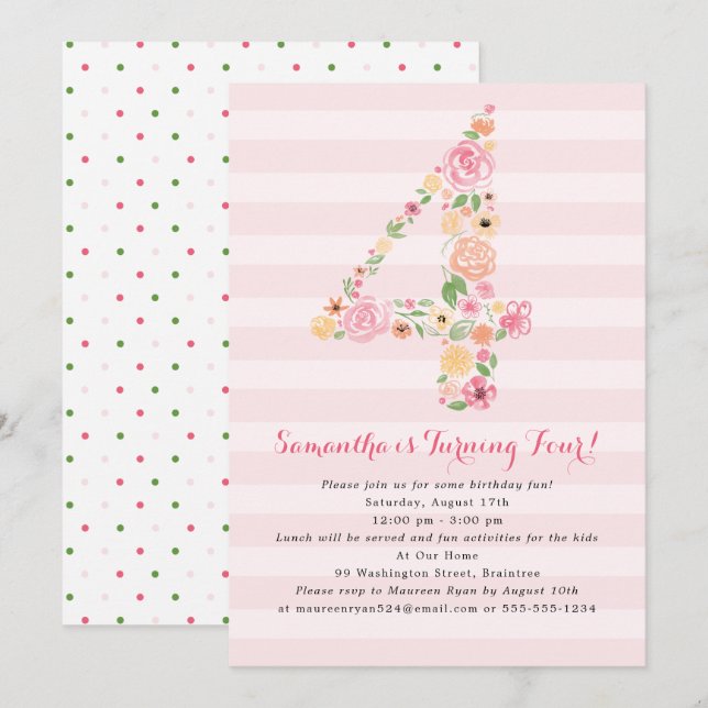 Invitation 4e anniversaire Flores d'aquarelle rose dans le nu (Devant / Derrière)