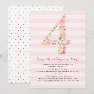 Invitation 4e anniversaire Flores d'aquarelle rose dans le nu