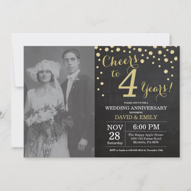Invitation 4e anniversaire Mariage Chalkboard noir et or (Devant)