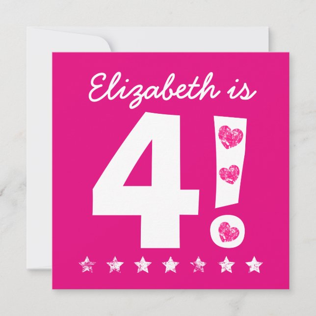 Invitation 4e anniversaire Nom personnalisé rose pour la FILL (Devant)