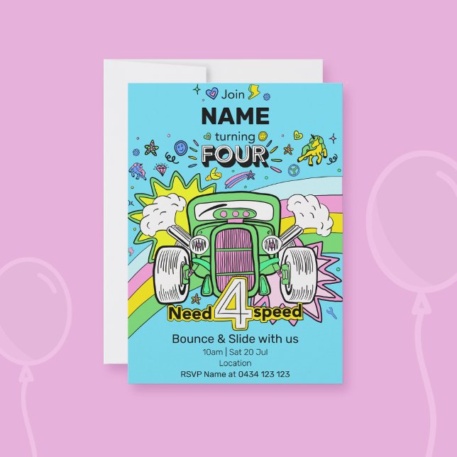 Invitation 4e anniversaire Rainbow Hot Rod besoin 4 Invitatio (Créateur téléchargé)