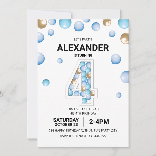 Invitation 4e fête d'anniversaire, Blue and Gold Balloon Boy (Devant)