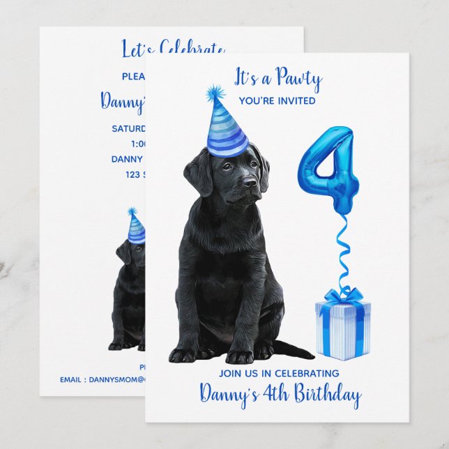 Invitation 4ème anniversaire Chiot Thème - Chien bleu mignon  (Devant / Derrière)