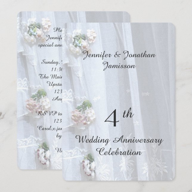 Invitation 4ème anniversaire de mariage, dentelle vintage (Devant / Derrière)