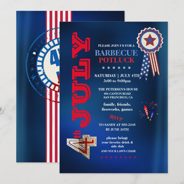 Invitation 4th of July Barbecue Potluck Party  (Devant / Derrière)