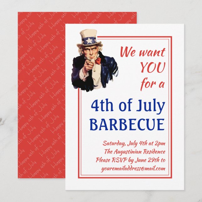 Invitation 4TH OF JULY BBQ BARBECUE UNCLE Sam Customized RED (Devant / Derrière)