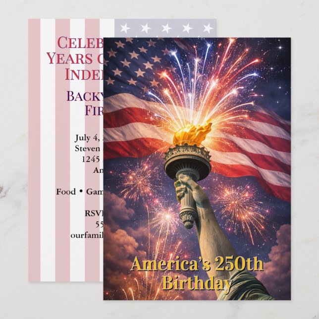 Invitation 4th of July Liberty Torch Fireworks USA 250th (Devant / Derrière)
