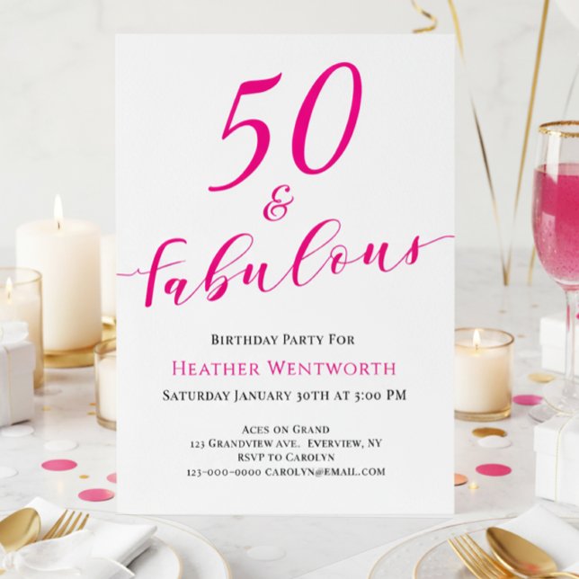 Invitation 50 and Fabulous Fiftieth Birthday Hot Pink Script (Créateur téléchargé)