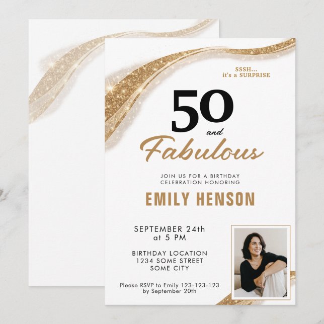 Invitation 50 and Fabulous Gold 50th Birthday (Devant / Derrière)