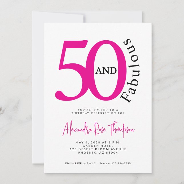 Invitation 50 and Fabulous Pink Script 50th Birthday Party (Devant)