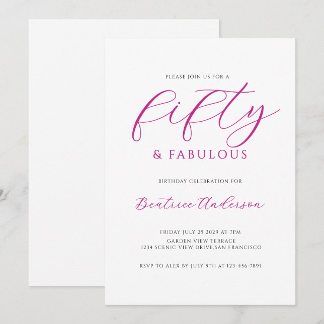 Invitation 50 and Fabulous Pink White Birthday Party (Devant / Derrière)