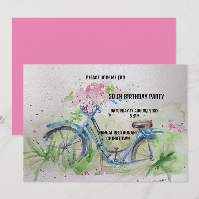 Invitation 50 Anniversaire fête Dames vélo au printemps (Devant / Derrière)