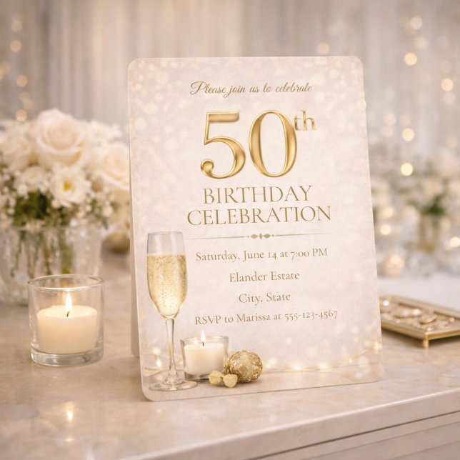 Invitation 50 ans Champagne Gold Glow (Champagne gold glow sets the tone for a refined 50th birthday evening celebration)
