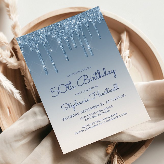 Invitation 50 ans Chic Glitter Drip Bleu (Créateur téléchargé)