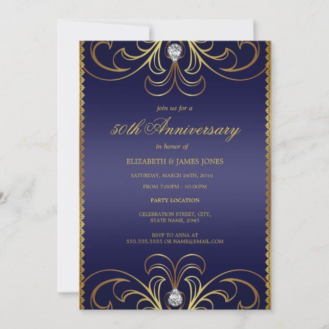 Invitation 50 ans de mariage bleu royal et or (Devant)