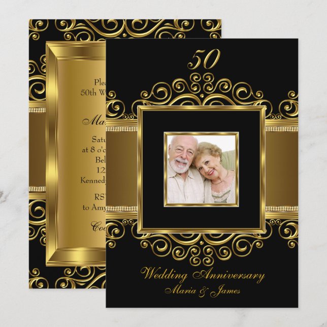 Invitation 50 ans de mariage photo élégante or et noir tourbi (Devant / Derrière)