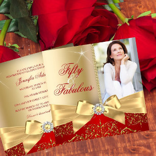 Invitation 50 ans et Fabuleux Photo Ruban Doré Rouge 50ème An