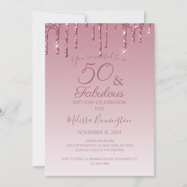 Invitation 50 ans et Fabuleux Rose Gold Pink Dripping Glitter (Devant)