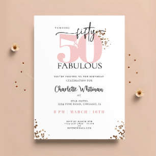 Invitation "50 ans & Fabuleux" Minimal Rose et Noir Pailleté