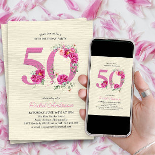 Invitation 50 ans Fleur de Pivoine Rose Numéro 50