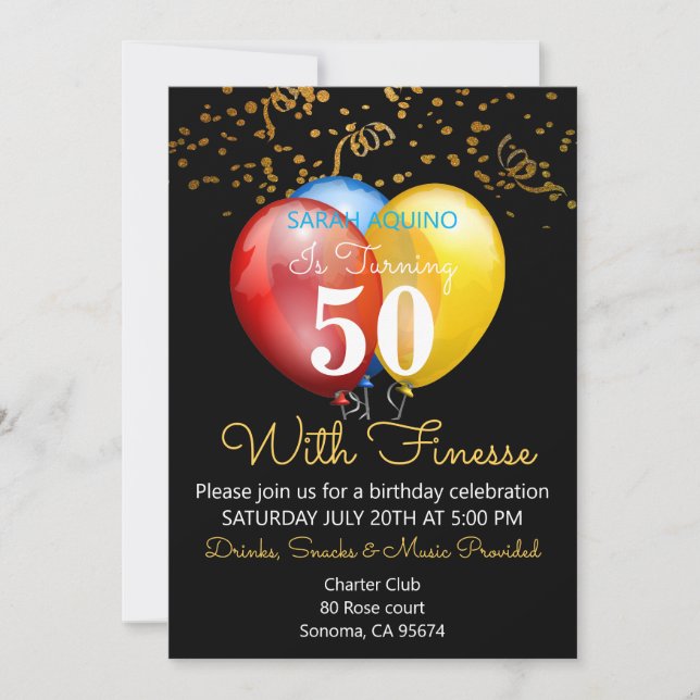 Invitation 50 Avec Finesse Confetti & Ballons Anniversaire No (Devant)