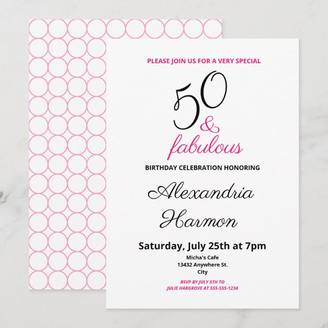 Invitation 50 et fabuleux 50e anniversaire fête rose (Devant / Derrière)