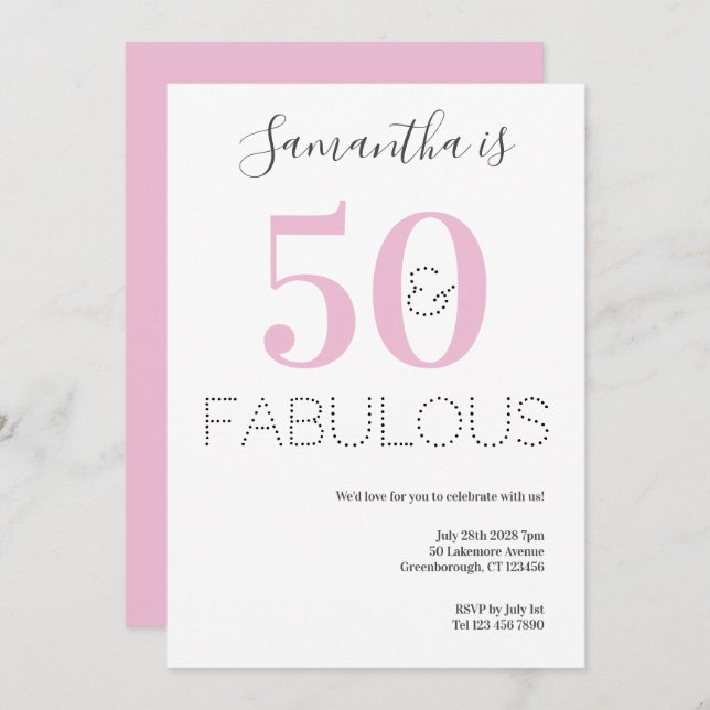 Invitation 50 et fabuleux 50e anniversaire Pink Party (Devant / Derrière)