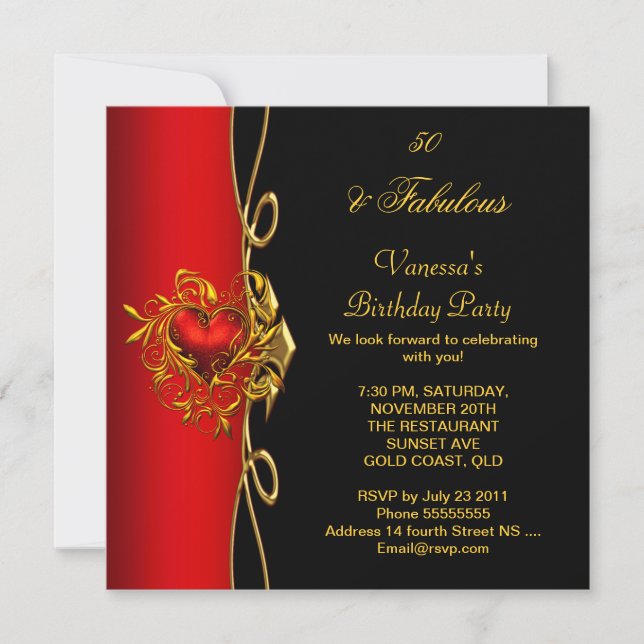 Invitation 50 et fabuleux 50e anniversaire Red Gold Hearts (Devant)