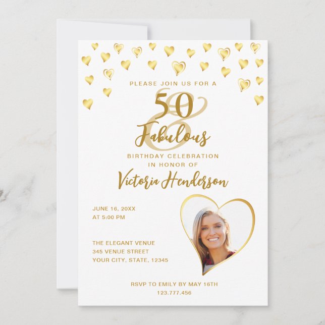 Invitation 50 et fabuleux Anniversaire blanc et or élégant (Devant)