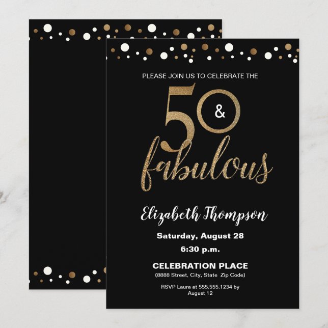Invitation 50 et fabuleux Anniversaire Gold et Black Confetti (Devant / Derrière)