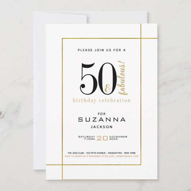 Invitation 50 et fabuleux anniversaire moderne noir et or (Devant)